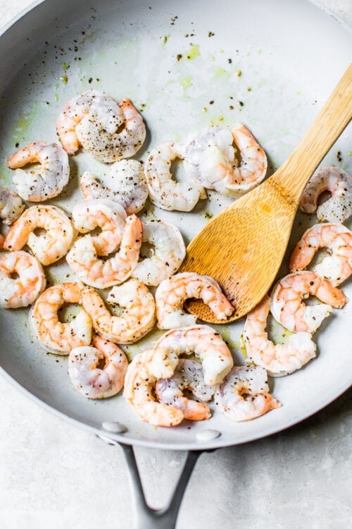 skillet with shrimp