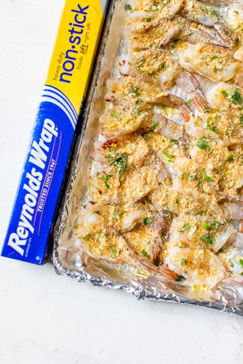 Shrimp Oreganata on baking sheet