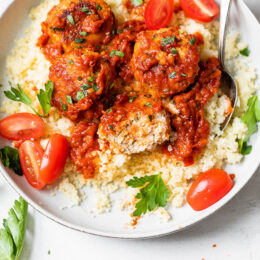 Harissa Chicken Meatballs with couscous.