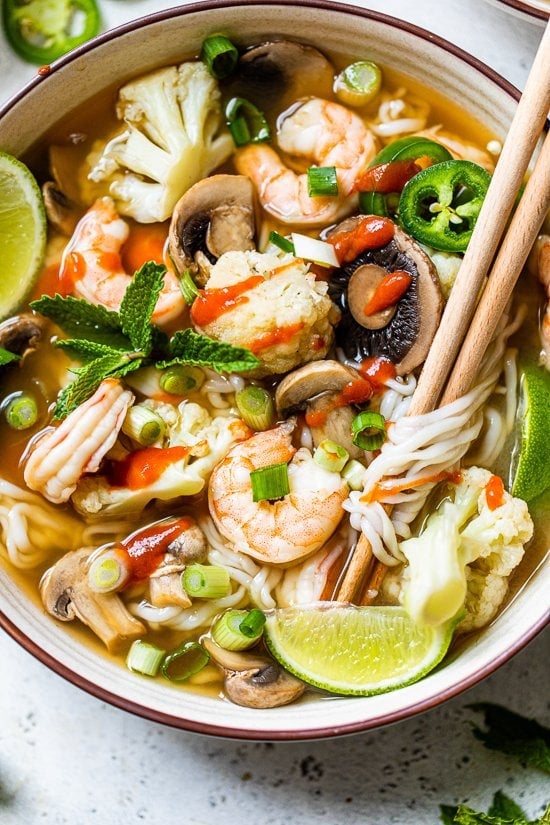 Shrimp Pho with chopsticks