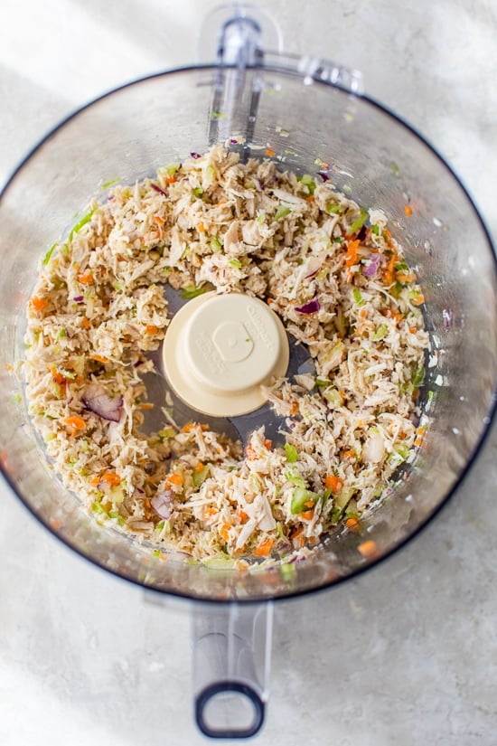 chicken and chopped veggies in food processor
