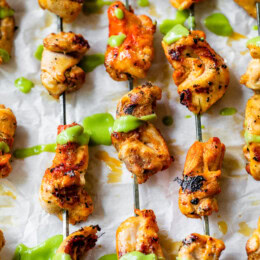Peruvian Grilled Chicken skewers with avocado aji sauce