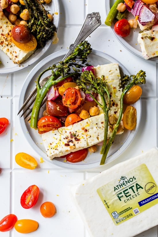 Sheet Pan Baked Feta with Chickpeas, Broccolini and Tomatoes