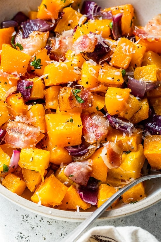 Roasted Butternut Squash with Onions, Bacon and Parmesan
