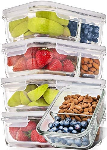 Prep Naturals Glass Meal Prep Containers Glass 2 Compartment 5 Pack - Glass Food Storage Containers - Glass Storage Containers with Lids - Divided Glass Cupcake Carriers 29 Ounce