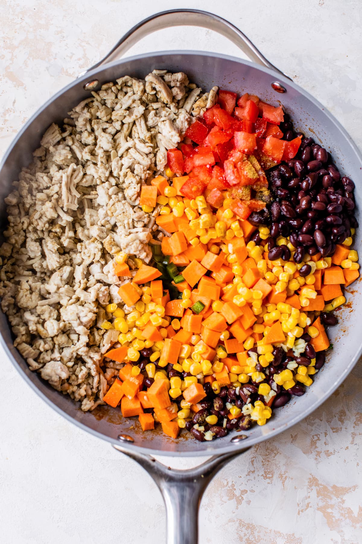 ground turkey, corn, black beans, tomatoes