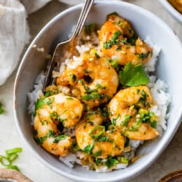 Thai Coconut Curry Shrimp in a bowl with rice.