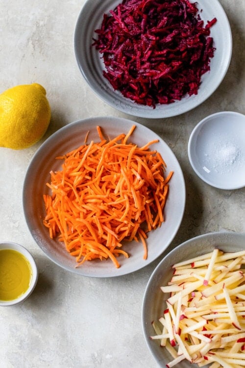 beets, carrots, lemon, olive oil, salt and apples.