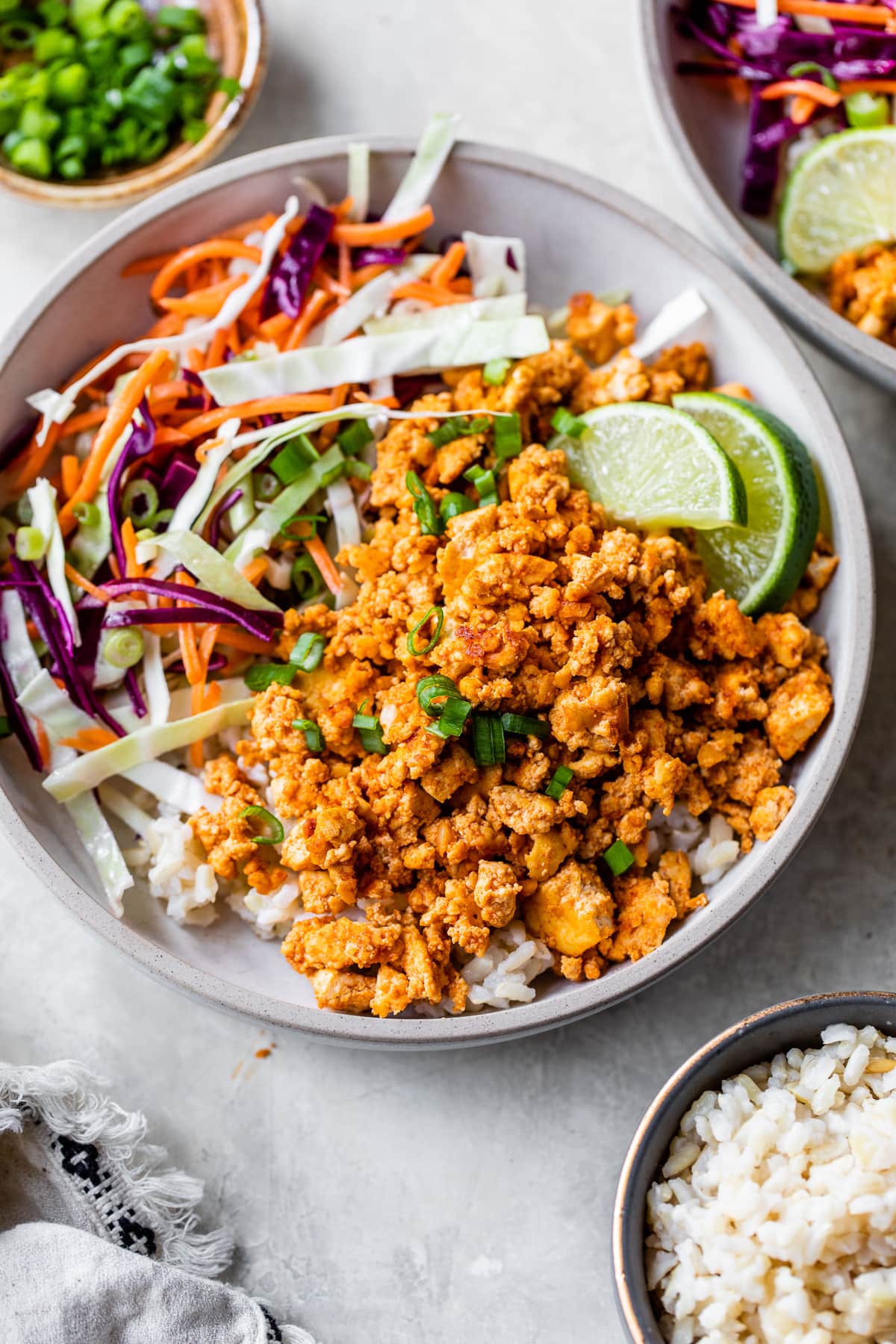 Tofu Rice Bowl with veggies and lime