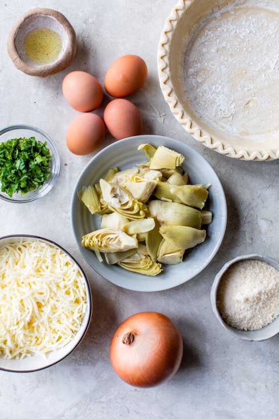 Artichokes, pie crust, eggs, cheese