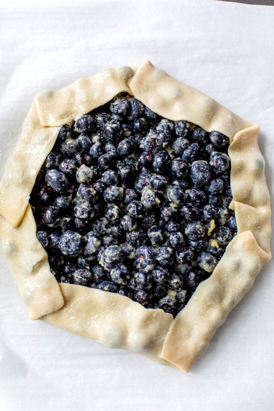 This easy blueberry galette is the perfect dessert to bake when blueberries are in season. Using refrigerated pie dough makes it even faster! Free-form Blueberry Pie
