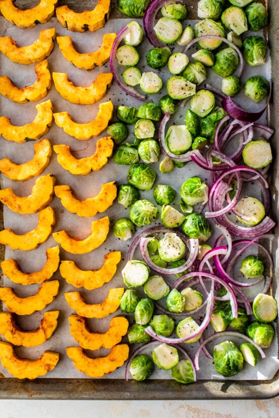 Delicata Squash, Red Onion and Brussels Sprouts on a sheet pan