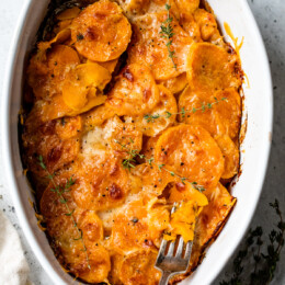 Overhead view of a fork resting in a casserole dish of sweet potatoes au gratin.