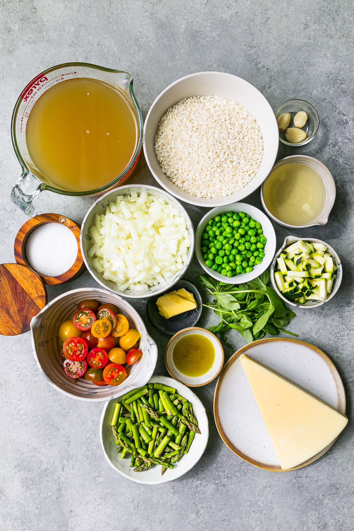 peas, asparagus, rice, broth, tomatoes, cheese