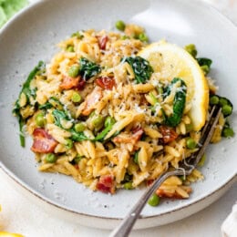 One Pot Orzo with Bacon, Peas, Spinach, and Lemon