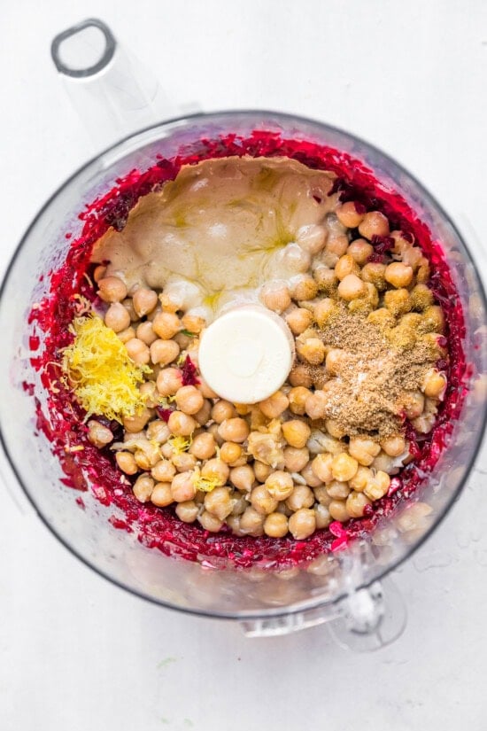beets and chikpeas in food processor