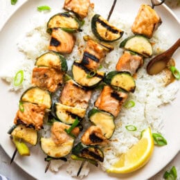 Miso Salmon Skewers over rice