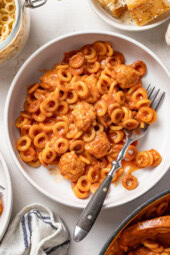 Spaghettios and Meatballs in a bowl