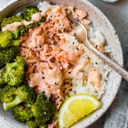 Smashed Salmon Broccoli Rice Bowls